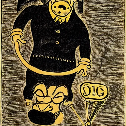 Image similar to al capp drawing of a pig wearing a gold crown