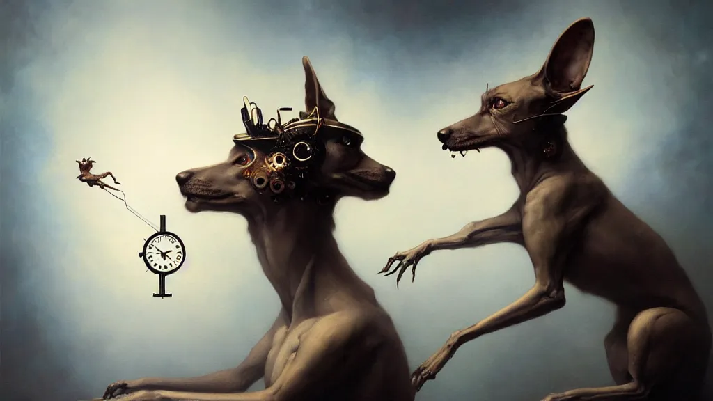 Prompt: a clockwork dog contemplating its owner, in the style of peter mohrbacher by weta digital and beth cavener, masterpiece, award winning, high face symmetry, intricatein the style of peter mohrbacher by weta digital and beth cavener, masterpiece, award winning, high face symmetry, intricate