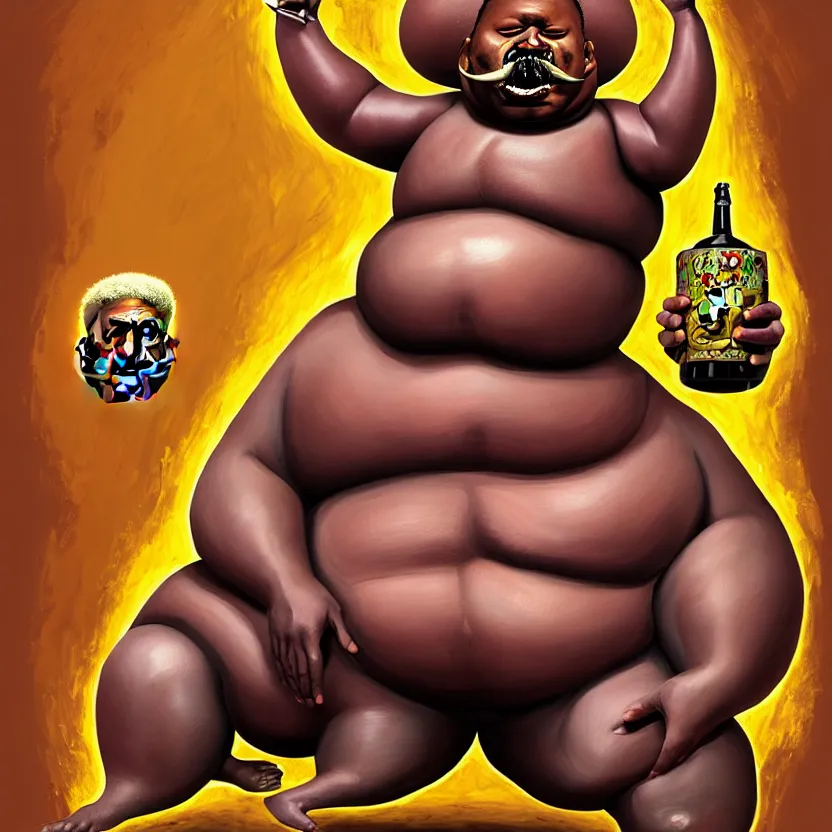 Prompt: painting of a very fat flesh - eating tsikalawe with a thick moustache sitting on a throne, eating the leg of a terrified man, his hair is a nuclear explosion, cute, hilarious, disturbing, nightmare, highly detailed, funny, hahahaha, by david cronenberg, found on artstation, hyperrealistic digital art