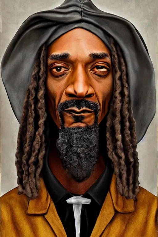 Image similar to ultra realistic snoop dogg as Gandalf, face portrait in the style of grant wood