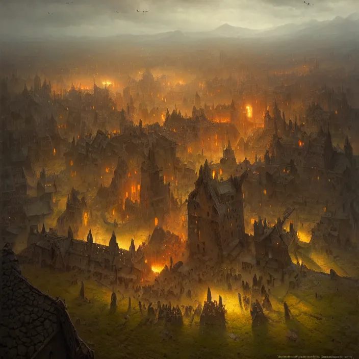 Prompt: matte painting by marc simonetti, jonathan solter, greg rutkowski of a viking battlefield, masterpiece, cinematic, hyperdetailed, photorealistic, hyperrealism, architecture, aerial view,