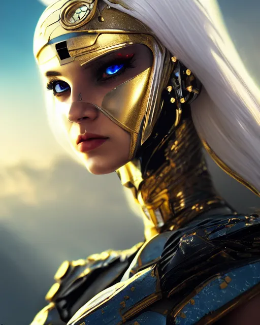 Image similar to girl in egypt, egyptian cyborg armor, white hair, scifi, futuristic, atmosphere, gold, detailed, intricate, desert, beautiful face, advanced technology, trending on artstation, blue eyes, 4 k, focused, extreme details, cinematic, masterpiece, by akihito tsukushi
