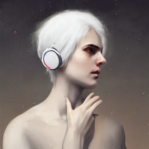 Prompt: a white haired girl wearing earmuffs with cyborg eyes, digital art, 8 k resolution, unreal engine, highly detailed, pretty face, very beautiful face, very detailed eyes, photorealistic by wlop, greg rutkowski