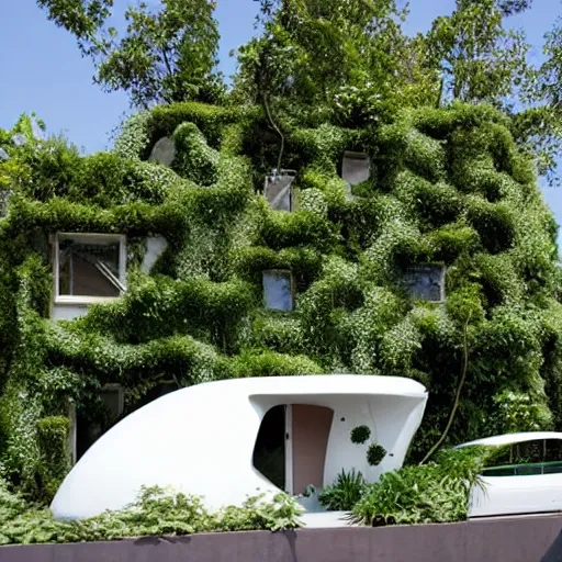 Image similar to futuristic house white covered in plants, hanging vines, motorcycle