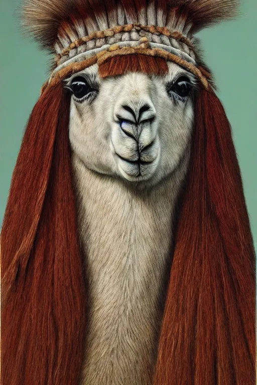 Image similar to hyperrealism close-up portrait llama in War bonnet in style of da Vinci