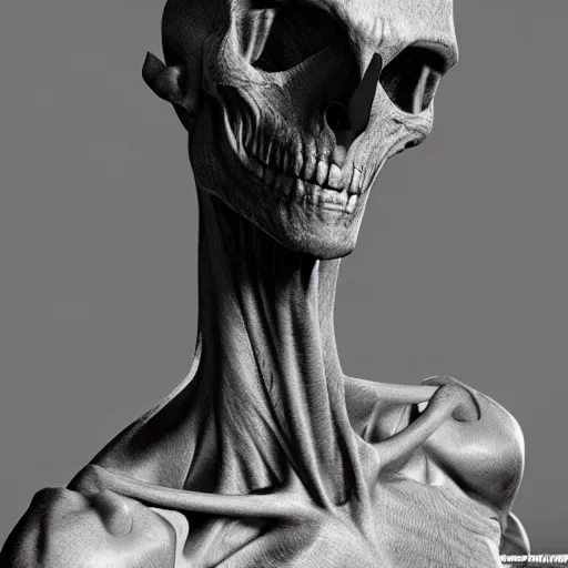 Image similar to photorealistic detailed tall skinny humanoid creature, extremly detailed, black and white, 8 k, realistic, sharp focus, cosmic horror creature, cosmic horror