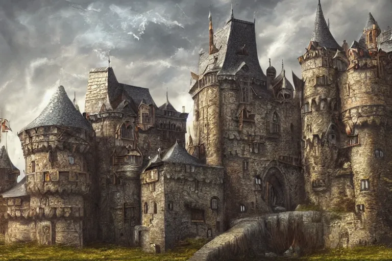 Prompt: A medieval castle, texture, intricate, details, highly detailed, masterpiece, architecture, building, trending on artstation, focus, sharp focus, concept art, digital painting, fantasy, sunny, day, midday