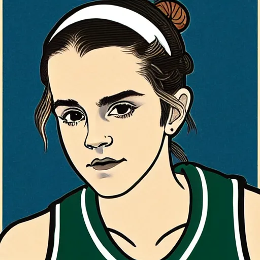 Prompt: portrait of teen emma watson in an nba boston celtics basketball uniform, ukiyo - e art by hokusai, global illumination, radiant light, detailed and intricate environment