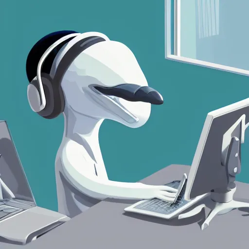 Prompt: An anthropomorphic grey dolphin in a white lab-coat playing games on a computer, digital painting, close-up, wearing a headset