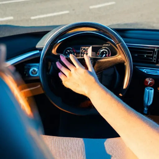 Image similar to cat sitting in driver seat of a cabriolet, paws touching steering wheel, golden hour, top view