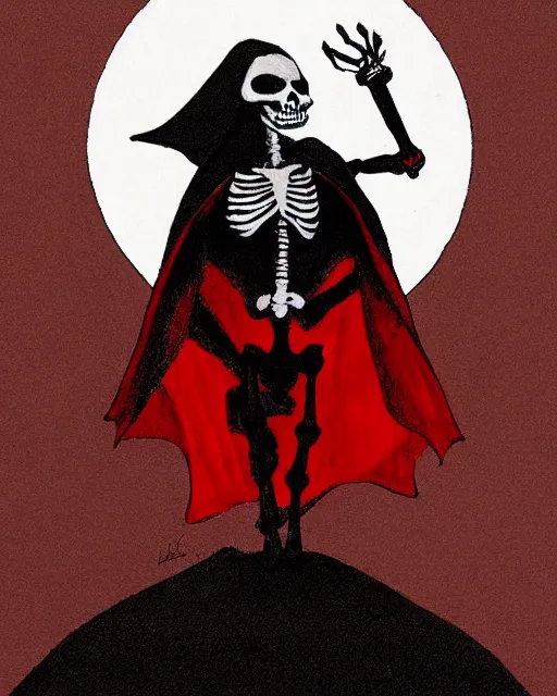 Image similar to A skeleton dressed in a red dress standing in front of a full moon with a black cape and a red cape over his head