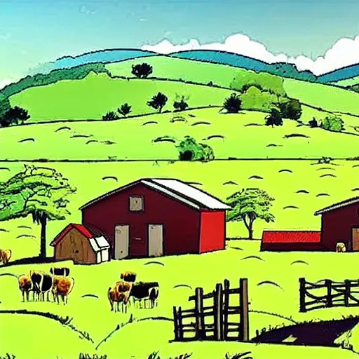 Image similar to A farm in the country side of Switzerland, in the style of Waltz with Bashir