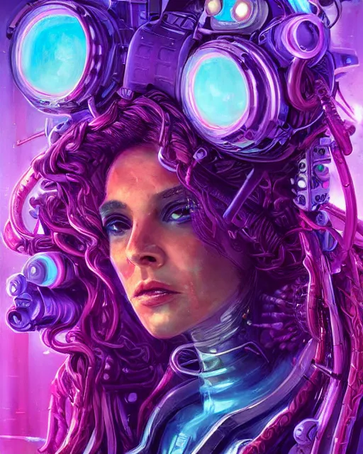 Image similar to a cyberpunk close up portrait of cyborg medusa, electricity, snakes in hair, sparks, bokeh, soft focus, purple, blue, sunny sky, by paul lehr, jesper ejsing