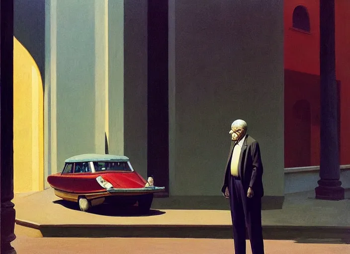 Prompt: aslouchy elegant old man with stands at citroen ds 1 9 in grim rome, highly detailed, soft lighting, elegant, by edward hopper and james gilleard, zdzislaw beksinski, steven outram, highly detailed