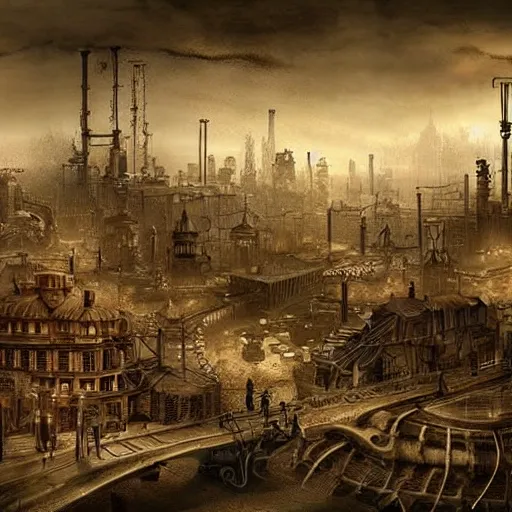 Prompt: beautiful steampunk landscape, industrial city, matte painting, sepia colors