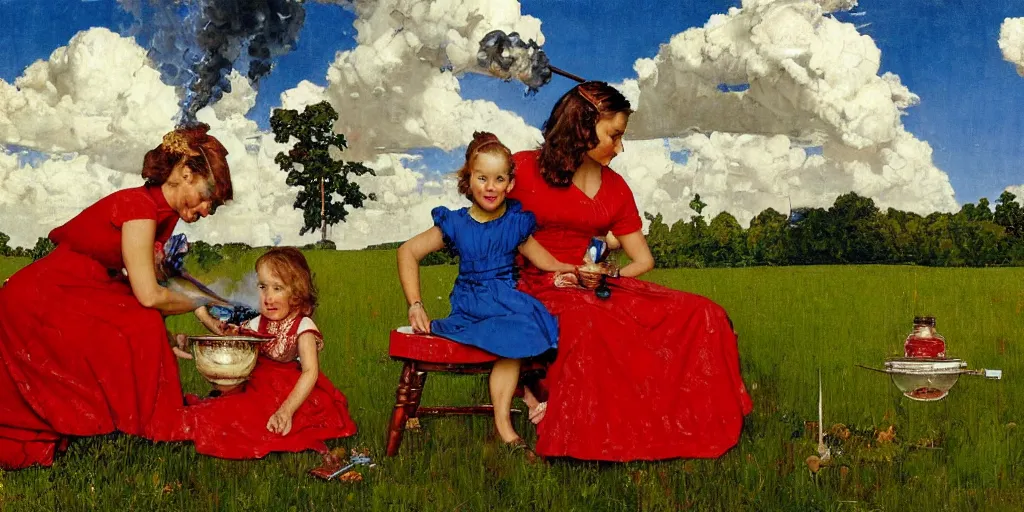 Prompt: a painting, style of norman rockwell and john burkey, one mother and her one very young daughter, in long red or blue dresses, with clothes on, smoking a bowl of hash together, from a huge red glass bong, sitting in a field of cannabis, with dark clouds in the sky