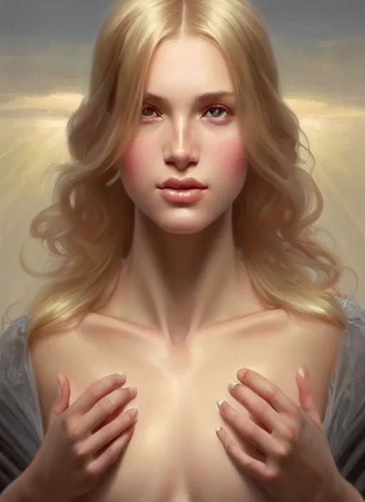 Image similar to perfectly feminine face!! full body portrait of young wife blessed by god with ever - increasing physical mental perfection, blonde, symmetrical! intricate, sensual features, highly detailed, biblical divine holy perfection!! digital painting, artstation, concept art, smooth, sharp focus, illustration, art by artgerm and greg rutkowski and alphonse mucha