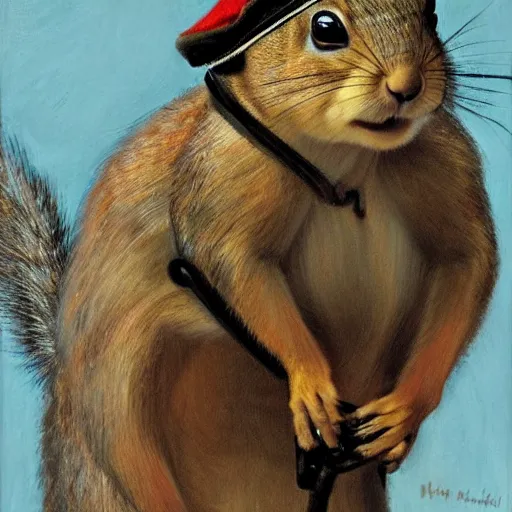 Image similar to portrait painting of a squirrel wear a ww 2 aviators cap, 8 k, by norman rockwell,