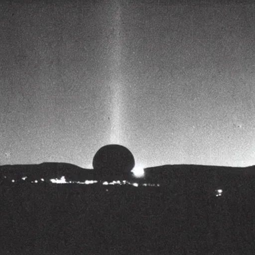 Image similar to dark photo of an ufo in the skies, there is a nuclear explosion behind, black and white, pictorialism