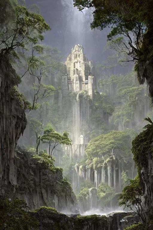 Image similar to carved into the Rock a citadel-temple-cathedral above a waterfall , gnarly trees, lush vegetation, forrest, a small stream runs beneath the waterfall, landscape, raphael lacoste, eddie mendoza, alex ross, concept art, matte painting, highly detailed, rule of thirds, dynamic lighting, cinematic, detailed, denoised, centerd