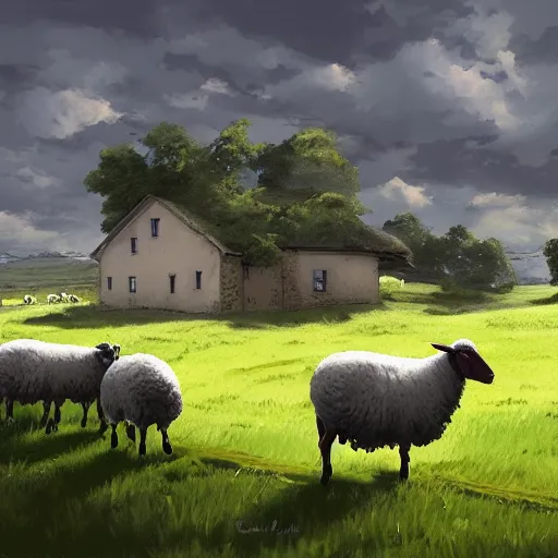 Image similar to an irish farmer herding sheep next to his small homestead in the irish countryside, highly detailed, digital painting, concept art, sharp focus, by makoto shinkai