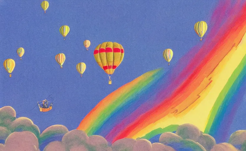 Image similar to hot air balloon flying through a double rainbow, illustration by dr seuss, oh the places you'll go