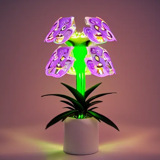 Image similar to a cybernetic, metallic, reflective orchid flower, LED lights, glowing, unreal engine