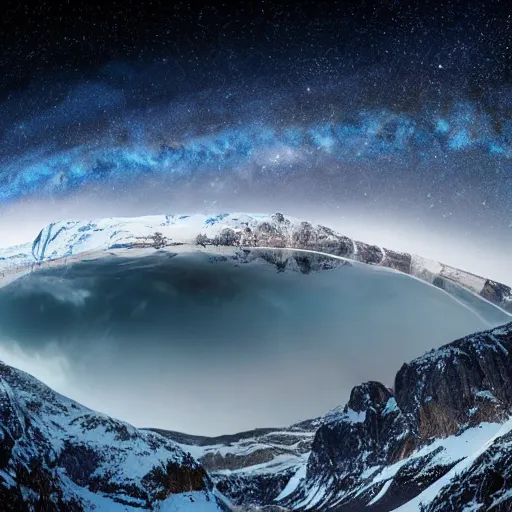 Image similar to Galactic arch, snowy mountains and lakes, in the style of National Geographic magazine, astronomical photography