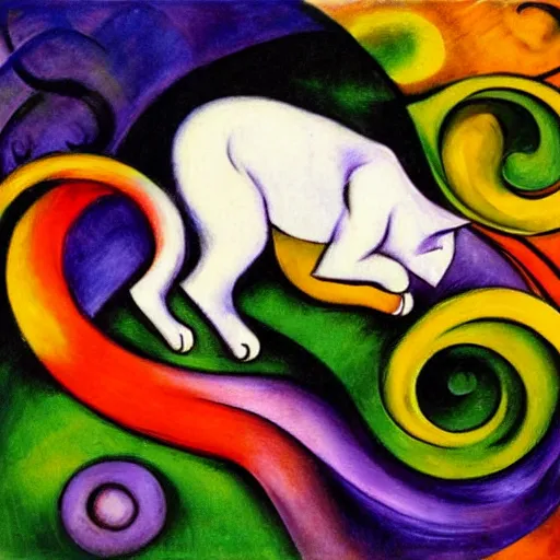 Prompt: white cat by franz marc, in the style of amanda sage, background vibrant, coloured, mystical swirls, full hd