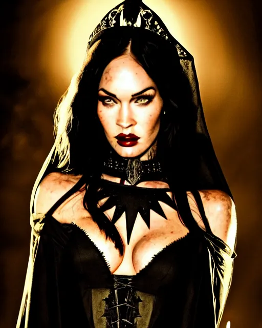 Image similar to megan fox witch queen, black eyes, blood, full body, intricate victorian dress, symmetrical eyes, rafael albuquerque, frank frazetta, moody lighting, candles