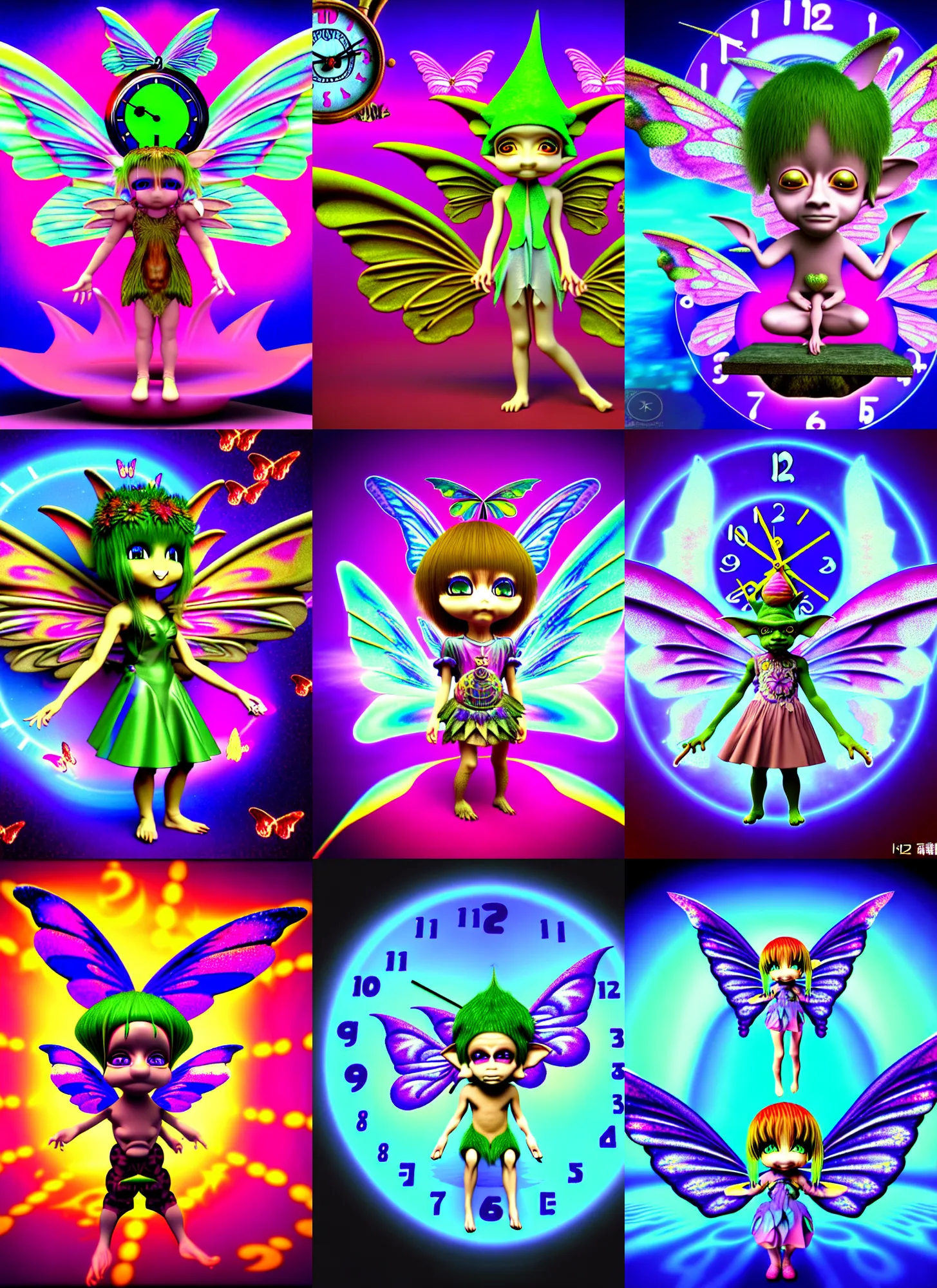 Prompt: 3 d render of chibi clock time wizard goblin fairy with angel wings against a psychedelic surreal background with 3 d butterflies and 3 d flowers n the style of 1 9 9 0's cg graphics 3 d rendered y 2 k aesthetic by ichiro tanida, 3 do magazine, wide shot