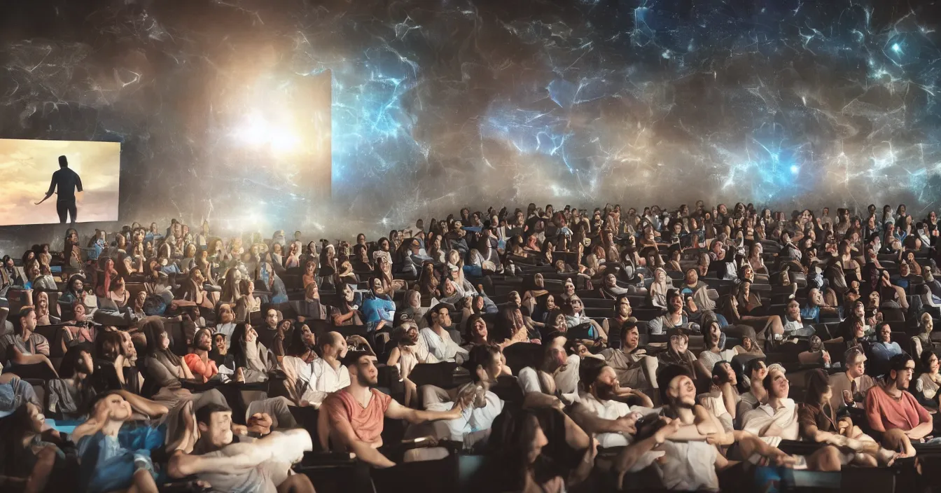 Image similar to Human egos are trapped in the illusion of physical reality, sitting in a movie theater, watching the light of consciousness project their lives onto a giant screen, realistic image full of sense of spirituality, life meaning, meaining of physical reality, happy atmosphere, render in Vray