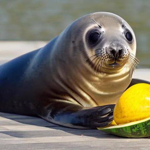 Prompt: a baby seal with a yellow tie eating watermelon in the harbor