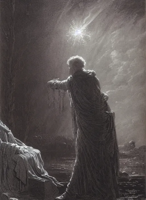 Image similar to a mage casting a frost spell by frederick morgan and gustave dore and delphin enjolras