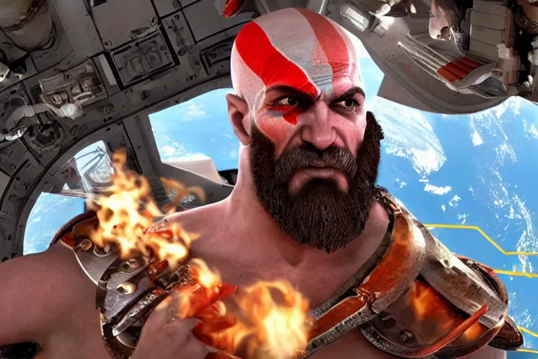 Image similar to kratos from the god of war videogame eating a whole lobster in the international space station