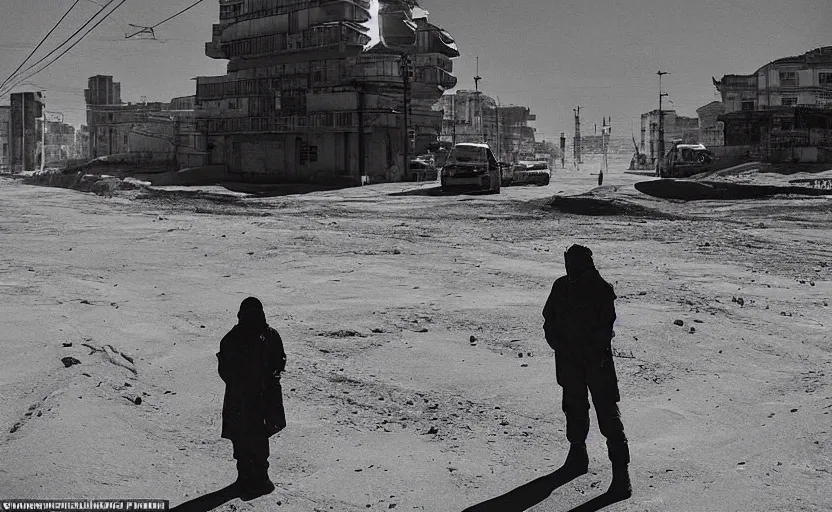 Prompt: In a futuristic space city of Neo Norilsk on the Moon, a Mysterious man is standing in the middle of a street photo by Trent Parke, the sun is blinding, a Russian city on the Moon