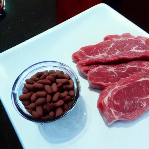 Image similar to raw meat chunks raw beans, mold, android cell phone photo,