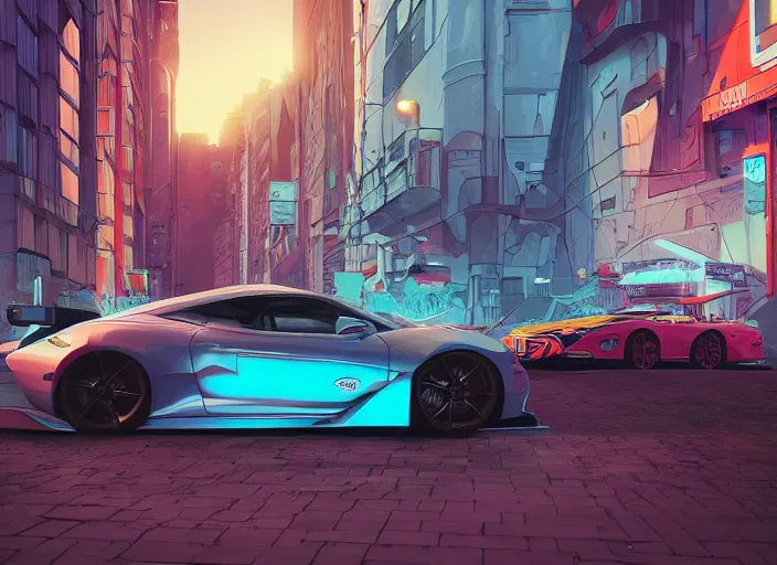 Image similar to a sport car in a city. sharp focus, cinematic pose, cinematic lighting, unreal engine render. art by josan gonzales and moebius and deathburger.