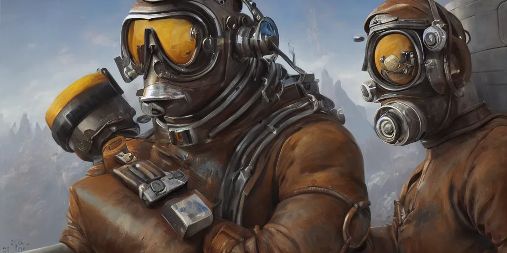 Image similar to highly detailed portrait painting of welder stallone in atmospheric diving suit, mono eyed, by eddie mendoza and tyler edlin, windows, 8 k resolution