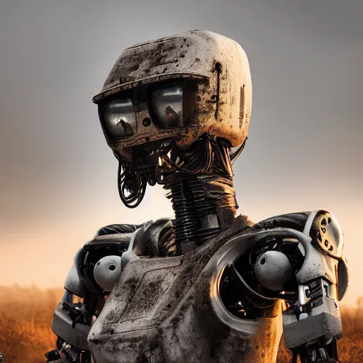 Prompt: A rundown large humanoid robot, uncaring, bleak tone, post apocalyptic, Nuttavut Baiphowongse, Mark Armstron, amad, rendered by octane, 8k, ultra 8k, hyper realistic, photorealistic, photo