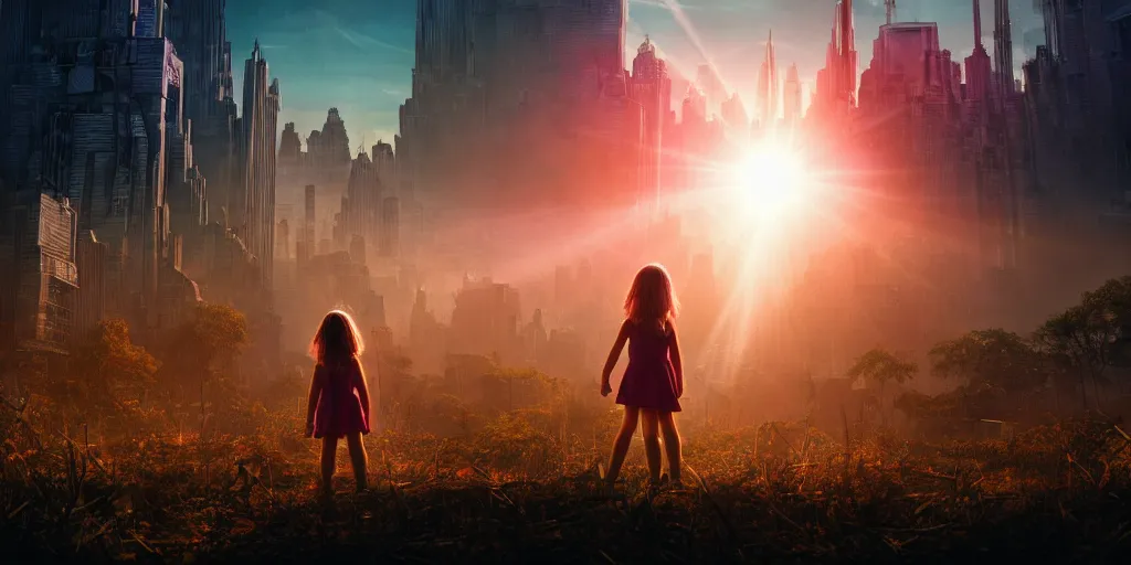 Image similar to textless sci - fi scene future new york cityscape, little girl in manhattan holding hand of giant robot, lonely girl, forest punk, crepuscular rays, epic scene, hyper realistic, photo realistic, overgrowth, cinematic atmosphere, ethereal lighting,