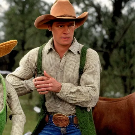 Image similar to kermit the frog in brokeback mountain, movie, photography,