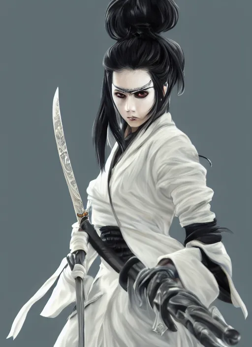 Image similar to a highly detailed illustration of fierce messy ponytail black haired one eyed japanese delinquent woman wearing long white delinquent coat and wearing eyepatch, dramatic wielding paper sword pose, intricate, elegant, highly detailed, centered, digital painting, artstation, concept art, smooth, sharp focus, league of legends concept art, wlop.