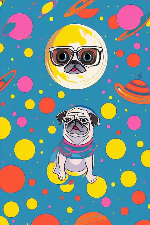 Image similar to planet pug floating in space, art by iktor miller gausa, sticker, colorful, illustration, highly detailed, simple, smooth and clean vector curves, no jagged lines, vector art, smooth