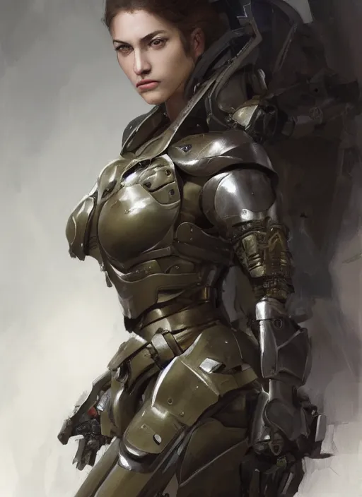 Image similar to a professional painting of a beautiful young female, clothed in military armor, olive skin, long dark hair, beautiful bone structure, symmetrical facial features, intricate, elegant, digital painting, concept art, smooth, sharp focus, illustration, from Metal Gear, by Ruan Jia and Mandy Jurgens and Artgerm and William-Adolphe Bouguerea