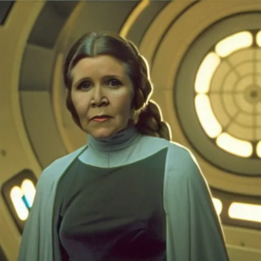 Prompt: a full color still of Carrie Fisher as Leia Organa as a regal Senator in the Galactic Senate, cinematic lighting, 1999, directed by Steven Spielberg, 35mm