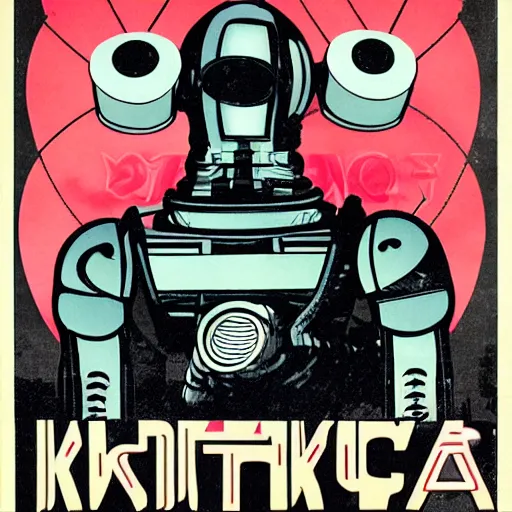 Prompt: futuristic atompunk robot dj at a techno music club, soviet propaganda poster art