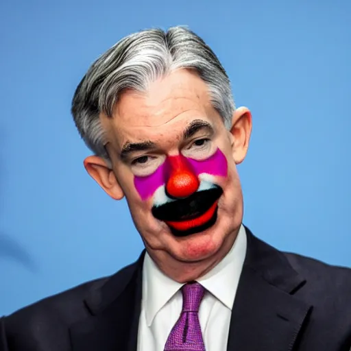 Image similar to Jerome Powell with colorful clown makeup all over his face whiteface