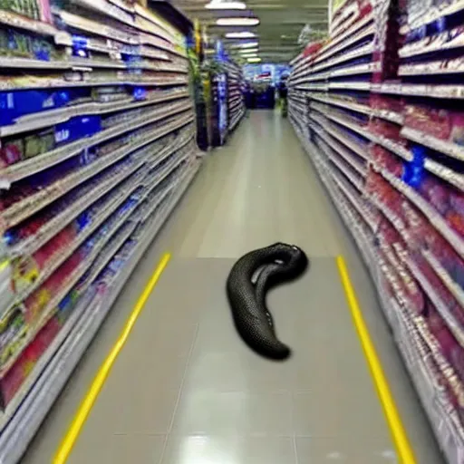 Prompt: cctv footage of large snake in walmart, high angle security camera feed, blurry and glitchy,
