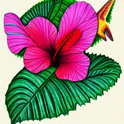 Prompt: kolibri illustration, crayon style, colorful, leaves, hibiscus flower, within a circle with good contrast to the kolibri, tips of wings breaking out of circle boundary, hidden text within outlines saying K.O.L.I.B.R.I